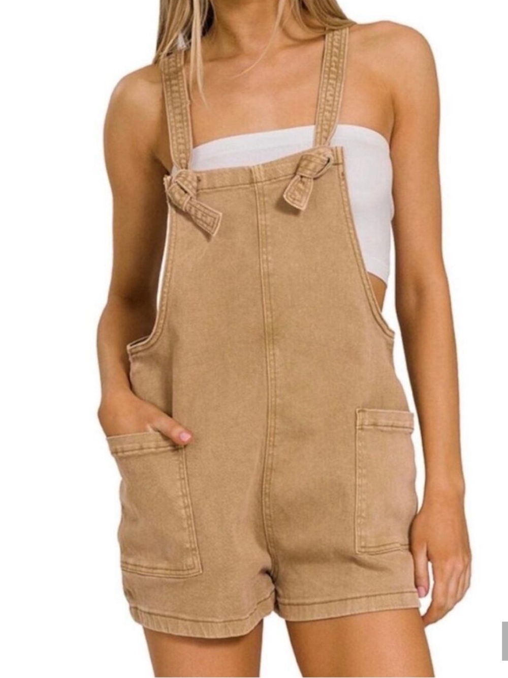Zenana Deep Camel Acid Wash Cotton Short Overall Romper